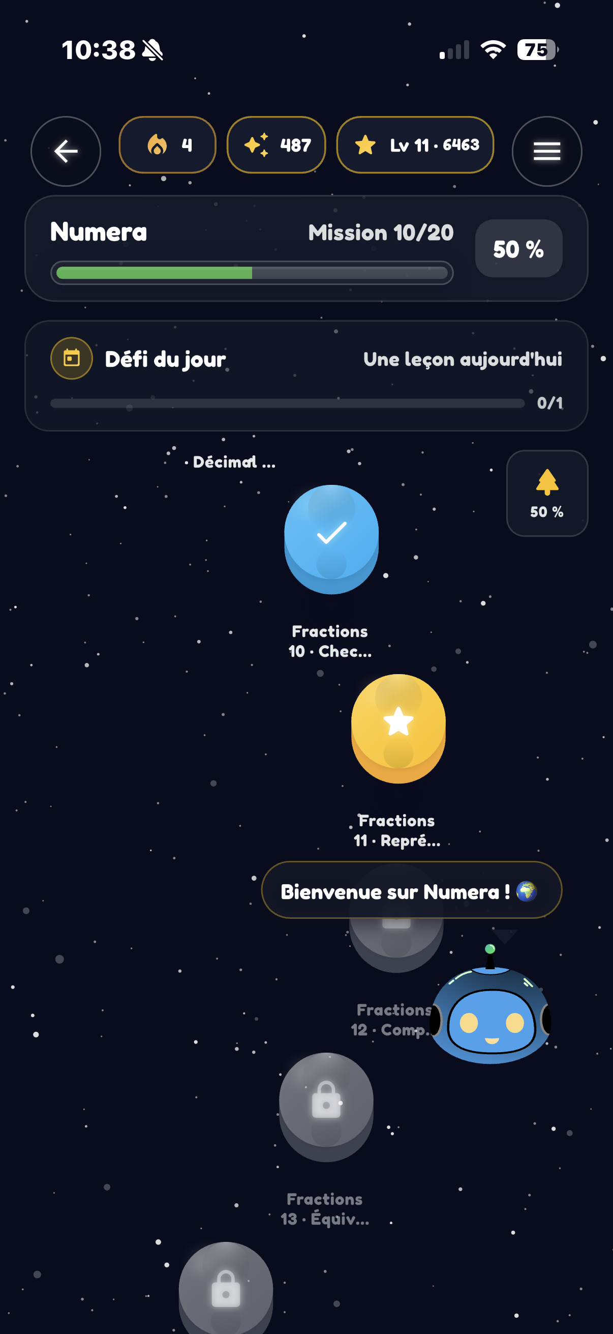 Chemin de progression Numéra avec missions terminées et prochaines étapes